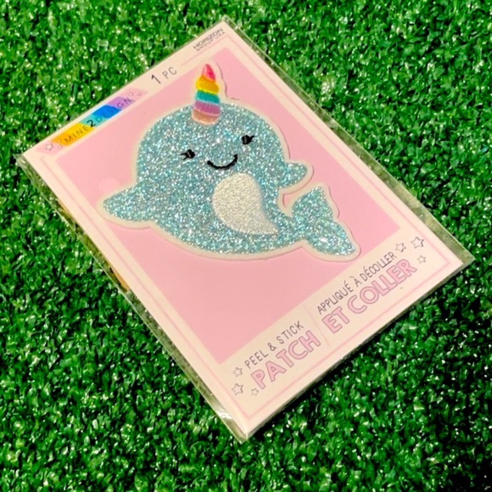 🏷 NO IRON / PEEL & STICK PATCH Narwhal Metallic Baby Blue Silver w Rainbow Horn